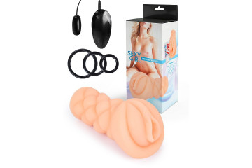 Телесный мастурбатор-вагина с вибропулей и эрекционными кольцами в комплекте