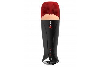 Телесный мастурбатор-вагина в черной колбе с вибрацией Fuck-O-Matic Pro XL