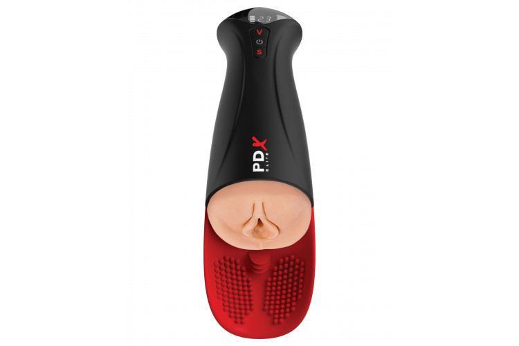 Телесный мастурбатор-вагина в черной колбе с вибрацией Fuck-O-Matic Pro XL