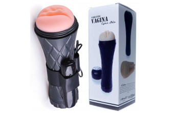 Телесный мастурбатор-вагина в черной колбе с вибрацией Телесный мастурбатор-вагина в черной колбе с вибрацией