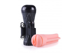 Телесный мастурбатор-вагина в черной колбе с вибрацией