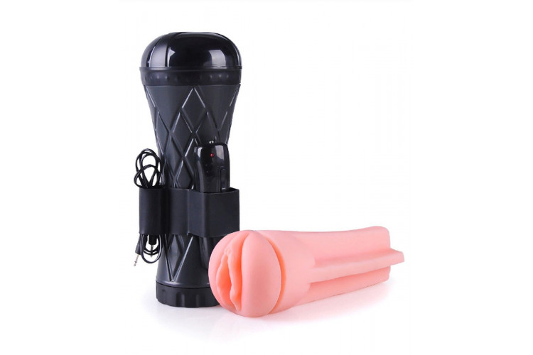 Телесный мастурбатор-вагина в черной колбе с вибрацией Телесный мастурбатор-вагина в черной колбе с вибрацией