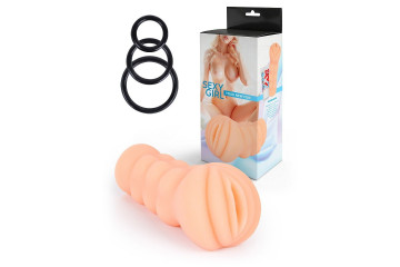 Телесный мастурбатор-вагина с эрекционными кольцами в комплекте