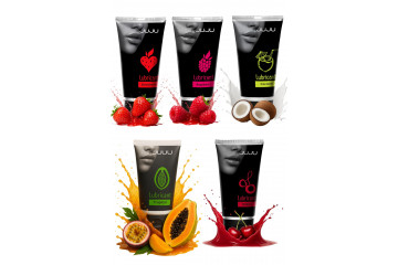 Набор из 5 съедобных лубрикантов JUJU (клубника, малина, тропические фрукты, вишня, кокос)