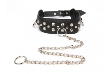 Черный ошейник с заклепками с металлическим поводком-цепочкой
