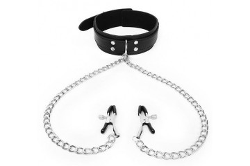 Черный ошейник с зажимами на соски на цепочке