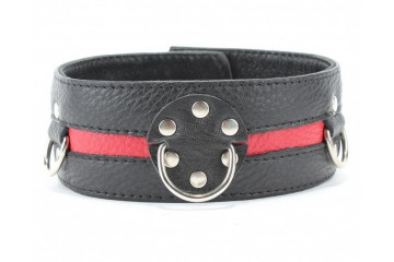 Чёрный кожаный ошейник с красной полосой и кольцами