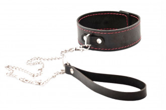 Черный широкий ошейник с красной строчкой и поводком