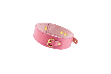Розовый кожаный однослойный ошейник с прошивкой