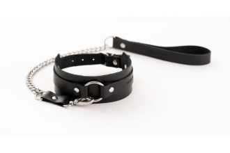 Черный кожаный ошейник с поводком