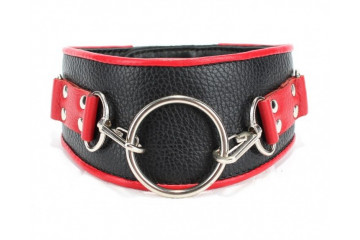 Черно-красный кожаный ошейник с кольцом