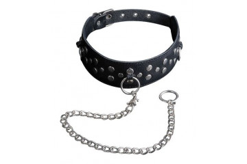 Чёрный кожаный ошейник с карабином и поводком