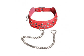Красный кожаный ошейник с карабином и поводком