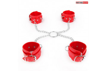 Комплект красных наручников и оков на металлических креплениях с кольцом