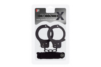 Чёрные наручники из листового металла в комплекте с веревкой BONDX METAL CUFFS&LOVE ROPE SET
