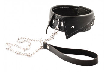 Черный ошейник-воротничок с металлическим поводком
