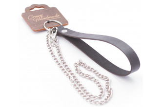 Серебристый металлический поводок с кожаной черной ручкой - 80 см.
