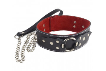 Чёрный кожаный ошейник с красной изнанкой и поводком