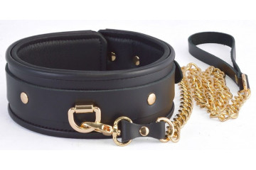 Черный ошейник с золотистым поводком