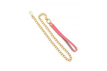 Розовый кожаный поводок с карабином для ошеи?ника - 80 см.