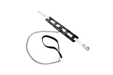 Черно-белый кожаный ошейник с поводком-цепочкой