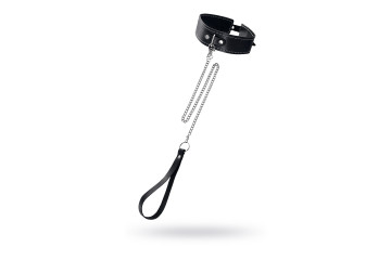 Кожаный двухслойный ошейник с белой строчкой и поводком