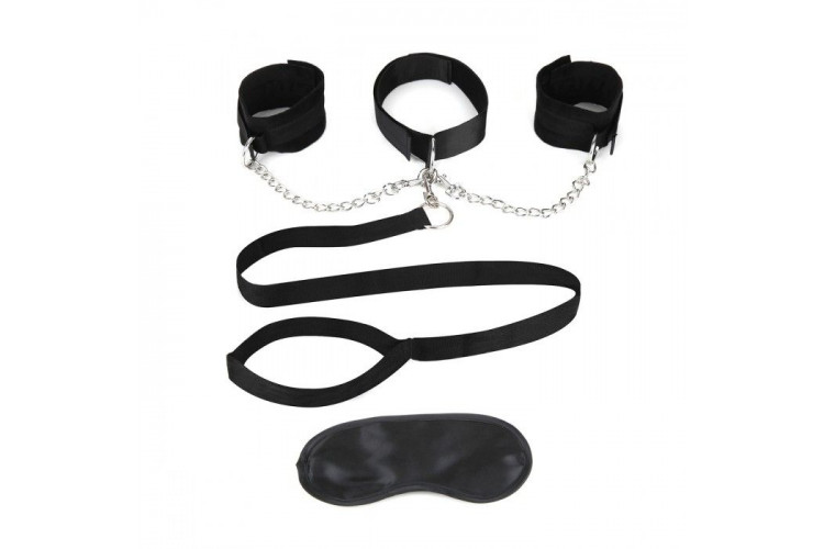Чёрный ошейник с наручниками и поводком Collar Cuffs & Leash Set
