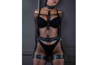 Черный кожаный ошейник с поводком Sex Game