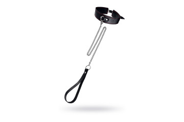 Кожаный двухслойный ошейник с красной строчкой и поводком