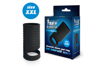 Черная открытая насадка на пенис с кольцом для мошонки XXL-size - 9,4 см.