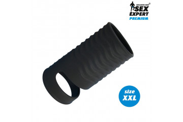 Черная открытая насадка на пенис с кольцом для мошонки XXL-size - 9,4 см.