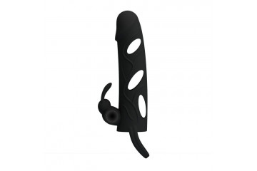 Чёрная насадка с клиторальным вибростимулятором и закрытой головкой - 14 см.