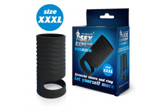 Черная открытая насадка на пенис с кольцом для мошонки XXXL-size - 9,9 см.