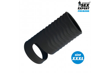 Черная открытая насадка на пенис с кольцом для мошонки XXXL-size - 9,9 см.