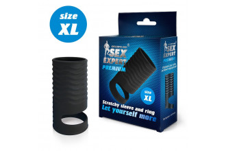 Черная открытая насадка на пенис с кольцом для мошонки XL-size - 8,9 см.