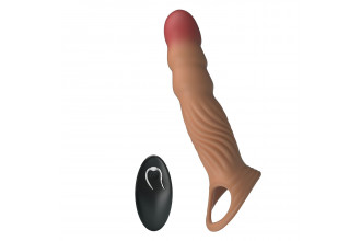 Карамельная удлиняющая насадка на пенис с вибрацией и пультом ДУ