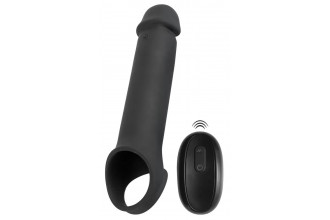 Черная вибронасадка для пениса с хомутом для мошонки и пультом ДУ Remote Controlled Penis Extension