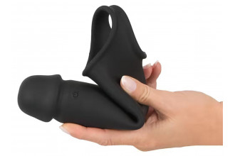 Черная вибронасадка для пениса с хомутом для мошонки и пультом ДУ Remote Controlled Penis Extension