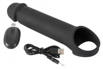 Черная вибронасадка для пениса с хомутом для мошонки и пультом ДУ Remote Controlled Penis Extension