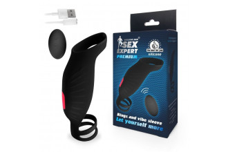 Черная насадка на пенис с вибрацией Sex Expert - 15,4 см.