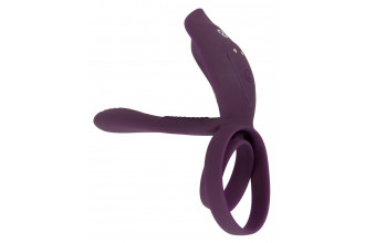 Фиолетовая насадка на член с клиторальным отростком и пультом ДУ RC Couple’s Vibrator 2