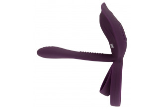 Фиолетовая насадка на член с клиторальным отростком и пультом ДУ RC Couple’s Vibrator 2