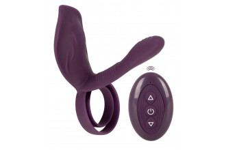Фиолетовая насадка на член с клиторальным отростком и пультом ДУ RC Couple’s Vibrator 2