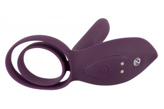 Фиолетовая насадка на член с клиторальным отростком и пультом ДУ RC Couple’s Vibrator 2