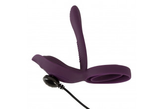 Фиолетовая насадка на член с клиторальным отростком и пультом ДУ RC Couple’s Vibrator 2