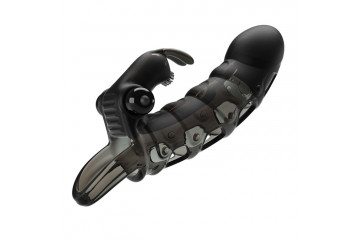 Черная закрытая насадка с подхватом мошонки и стимулятором клитора - 19,2 см.