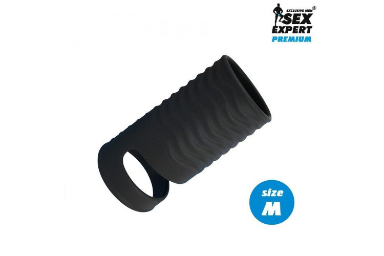 Черная открытая насадка на пенис с кольцом для мошонки size M - 7,9 см.
