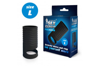 Черная открытая насадка на пенис с кольцом для мошонки L-size - 8,5 см.