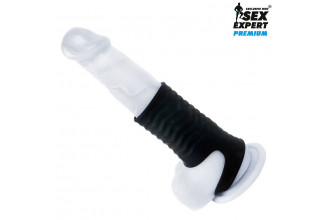 Черная открытая насадка на пенис с кольцом для мошонки L-size - 8,5 см.