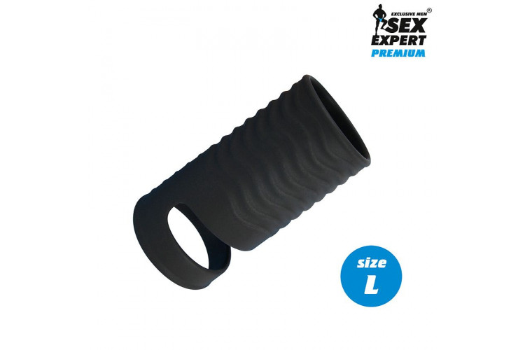 Черная открытая насадка на пенис с кольцом для мошонки L-size - 8,5 см.